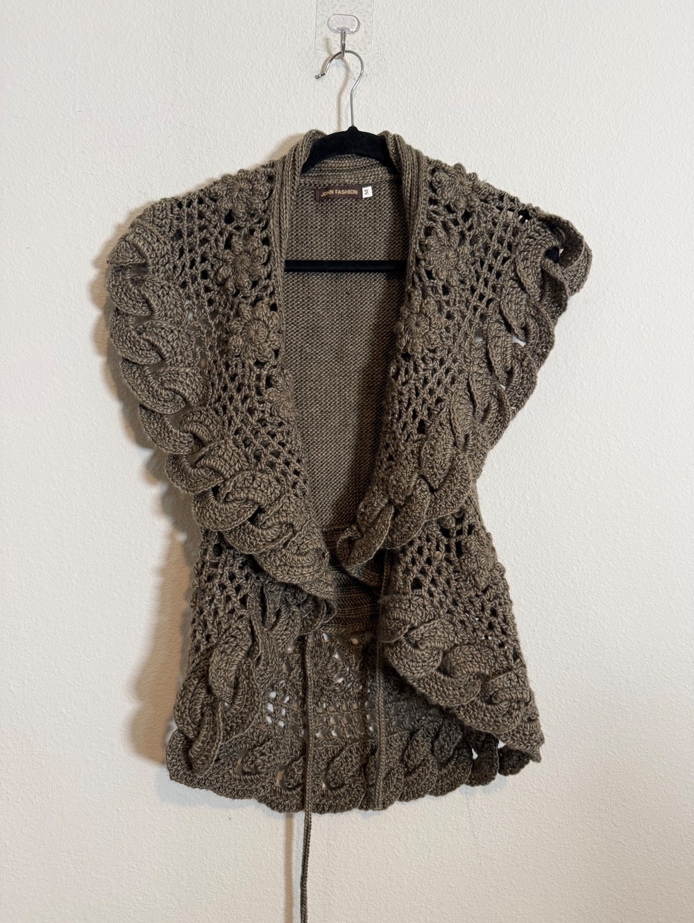 Vintage Dark Gray Wool Blend Crochet Knit Sleeveless Cardigan